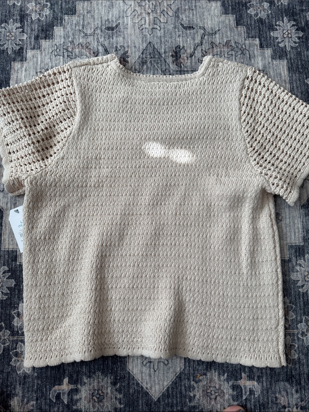 Time and Tru Beige Crochet Short Sleeve Knit Top - Picture 3 of 3
